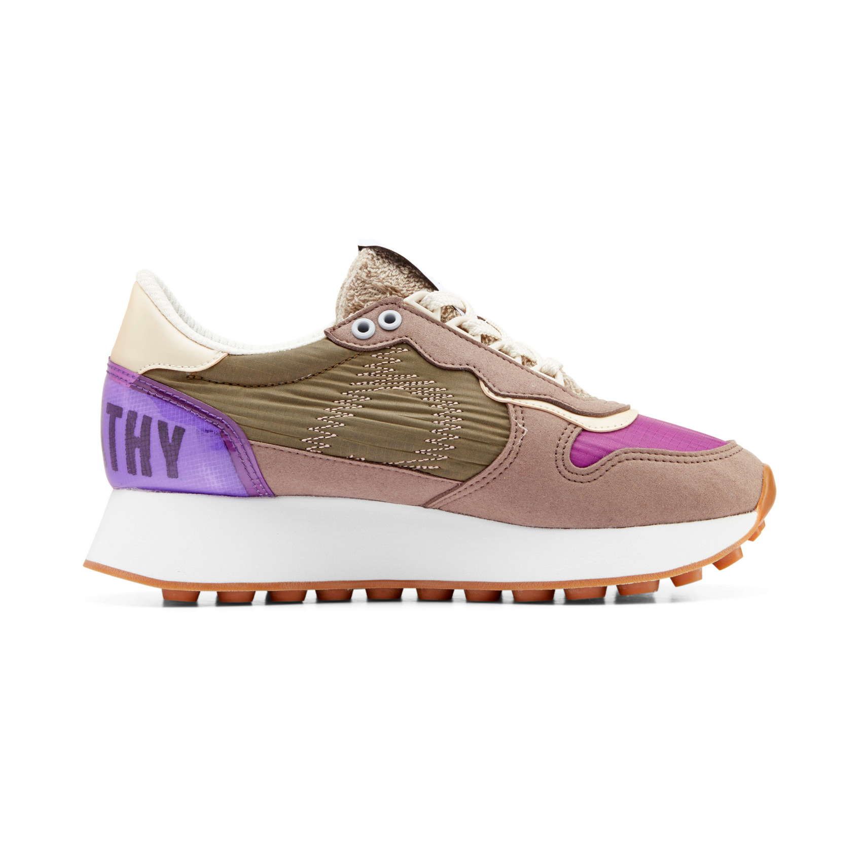 Scarpe da corsa retrò DUUO CALMA HI color kaki e lilla