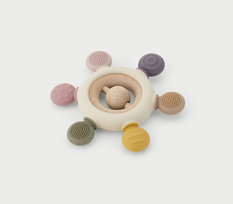 Mordedor-sonajero de silicona y madera (Dust) – desde meses