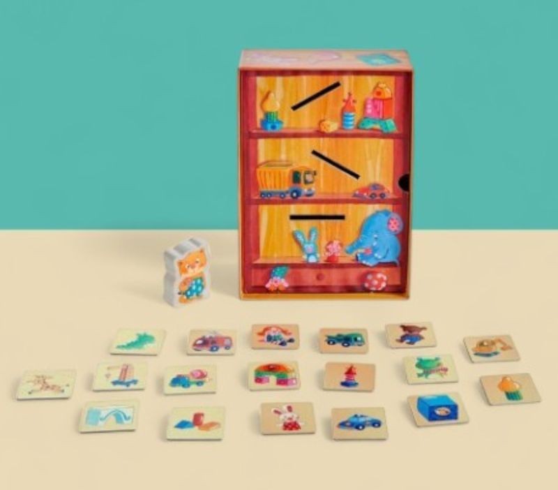 HABA Mis Primeros Juegos: ¡Recoger Y Ordenar! – Juego De Emparejar Cooperativo, Con Estante 3D Y Gato De Madera, De 2 A 4 Años