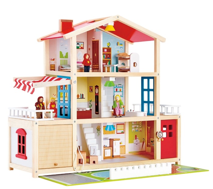Casa De Muñecas De Madera De 3 Pisos Con Garaje, Luces LED Y 17 Muebles – Casita Infantil Con Piscina Y Accesorios – Juguete Ecológico Y Educativo