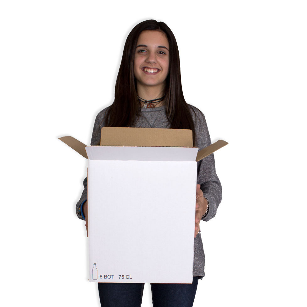 Caja de cartón blanca para 6 botellas con separadores