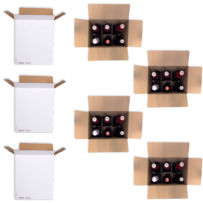 Pack de 60 Cajas de cartón para 6 botellas blanca