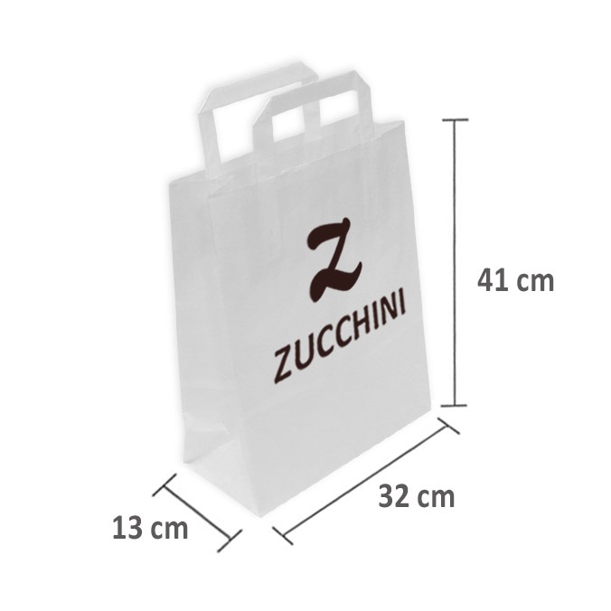 Bolsas de papel personalizadas 32 + 13 x 41 cm. Blancas con asa plana