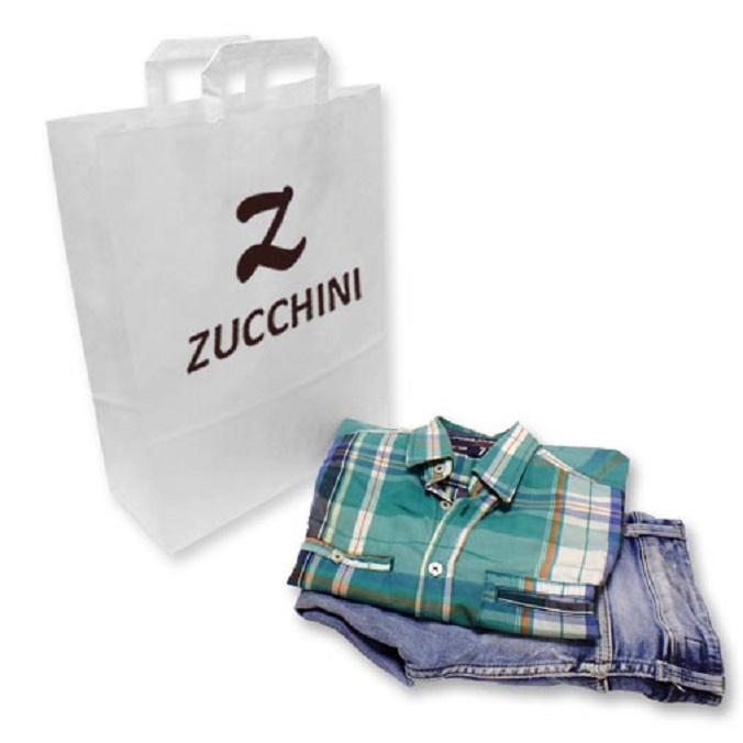 Bolsas de papel personalizadas 32 + 13 x 41 cm. Blancas con asa plana