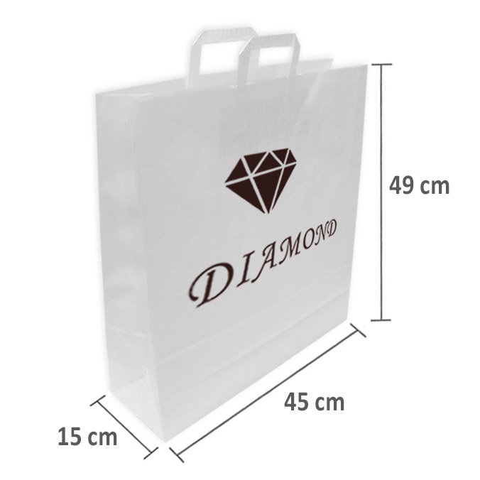 Bolsas de papel personalizadas 45 + 15 x 49 cm. Blancas con asa plana