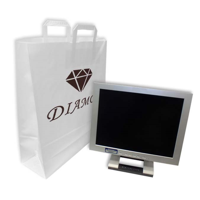Bolsas de papel personalizadas 45 + 15 x 49 cm. Blancas con asa plana