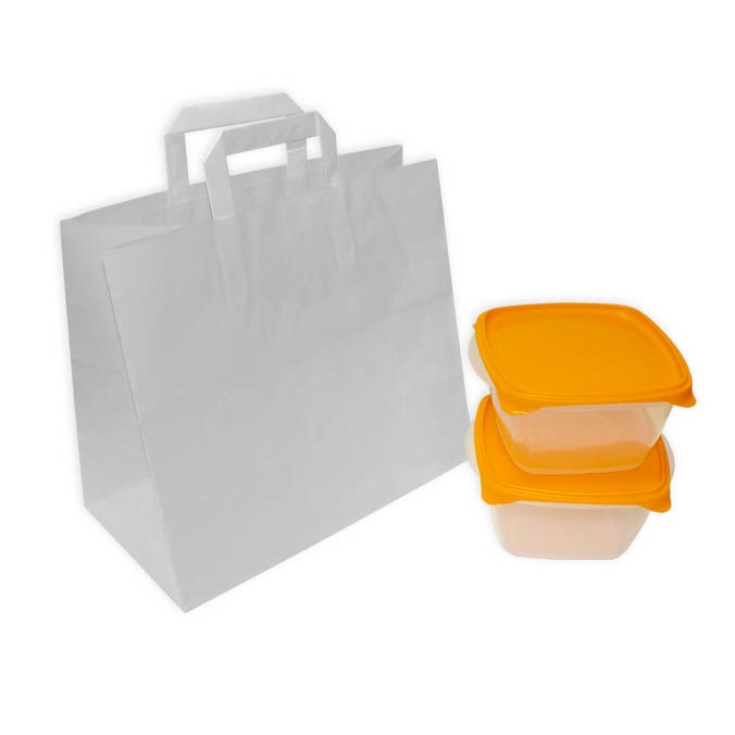 Bolsas de Papel  32 + 17 x 29 cm.  Asa Plana TAKE AWAY